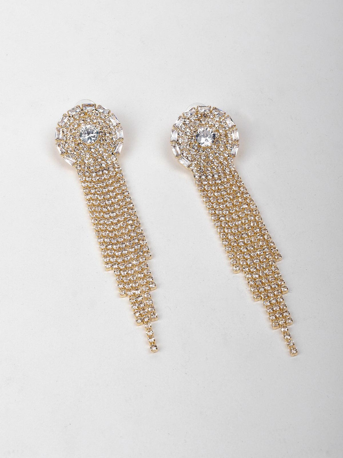 Women's Rounded Tassel Crystal Drop Earrings In Gold-Ton