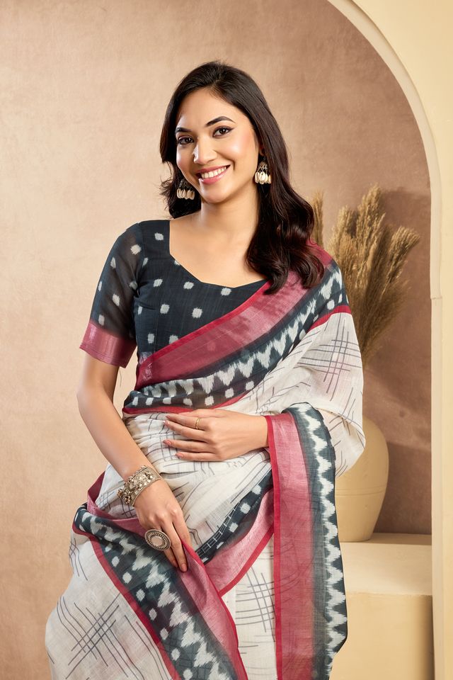 Women's White Linen Printed Saree