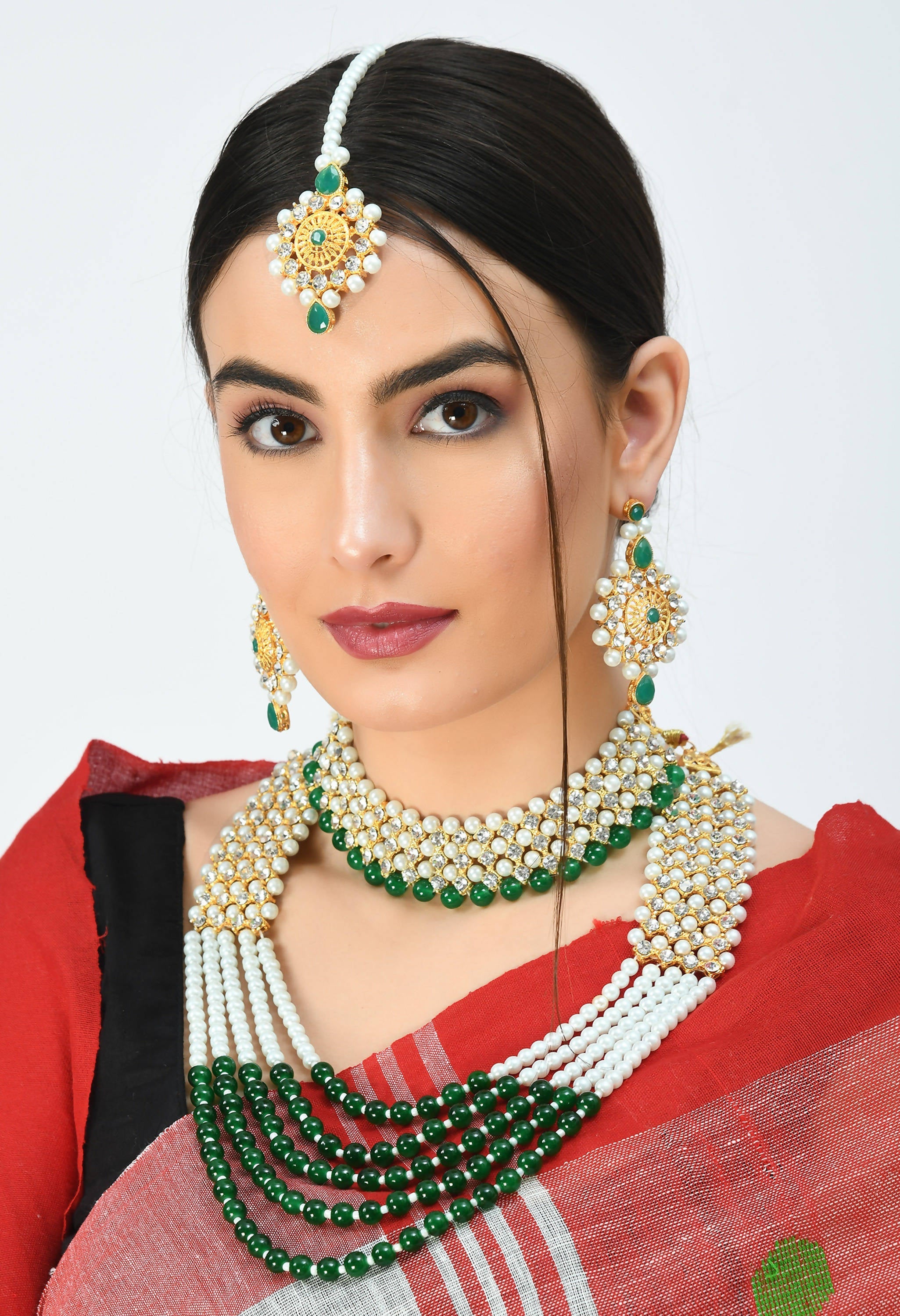 Kamal Johar Gold-Plated Rani Haar with Green and Off white Pearls Jeweller