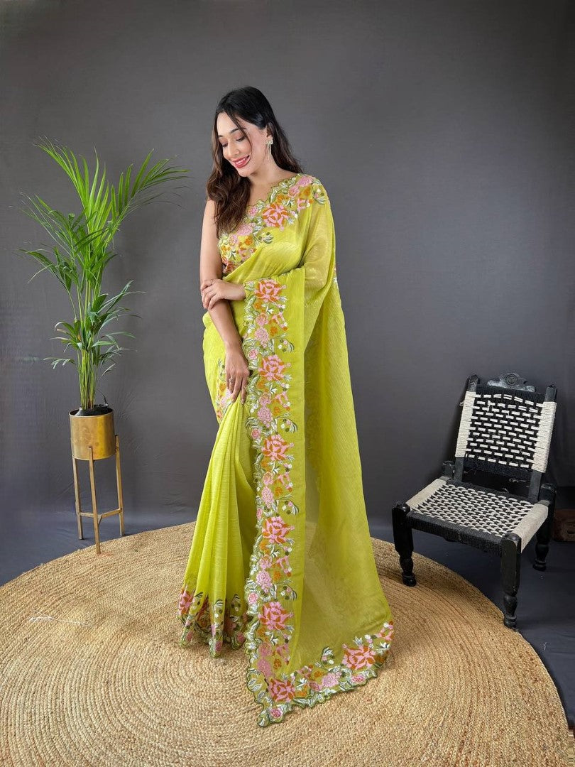 Women's Olive Glossy Silk Embroidery Saree - Teeya Creation