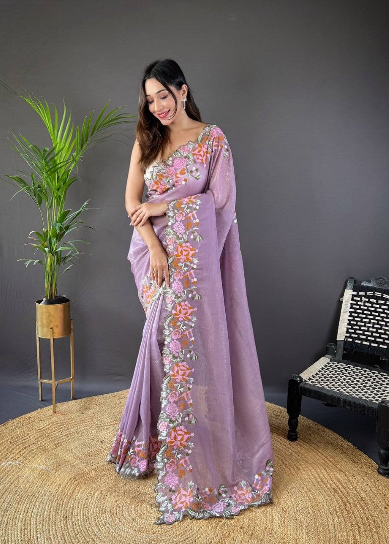 Women's Onion Glossy Silk Embroidery Saree - Teeya Creation