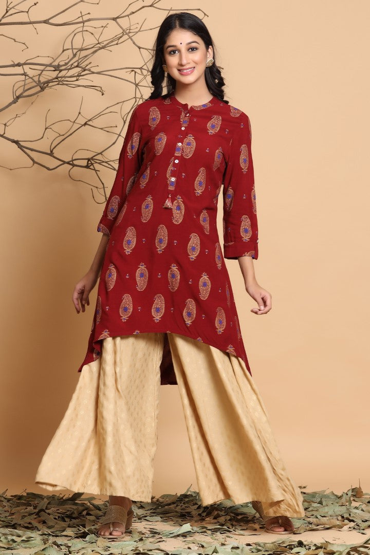 Women's Maroon Viscose Rayon Printed Kurta