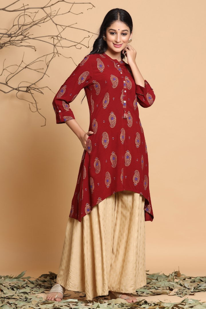 Women's Maroon Viscose Rayon Printed Kurta