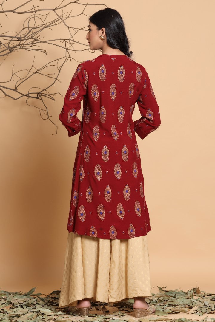 Women's Maroon Viscose Rayon Printed Kurta
