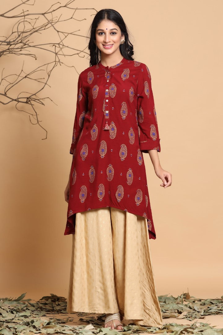 Women's Maroon Viscose Rayon Printed Kurta