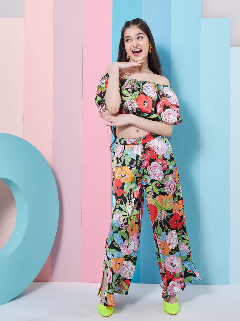 Girls Floral Printed Top With Trousers