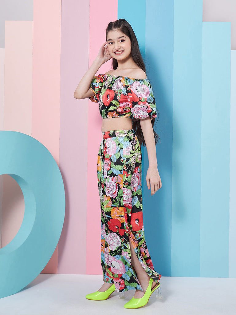 Girls Floral Printed Top With Trousers