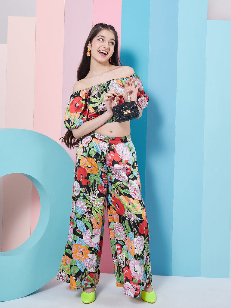 Girls Floral Printed Top With Trousers