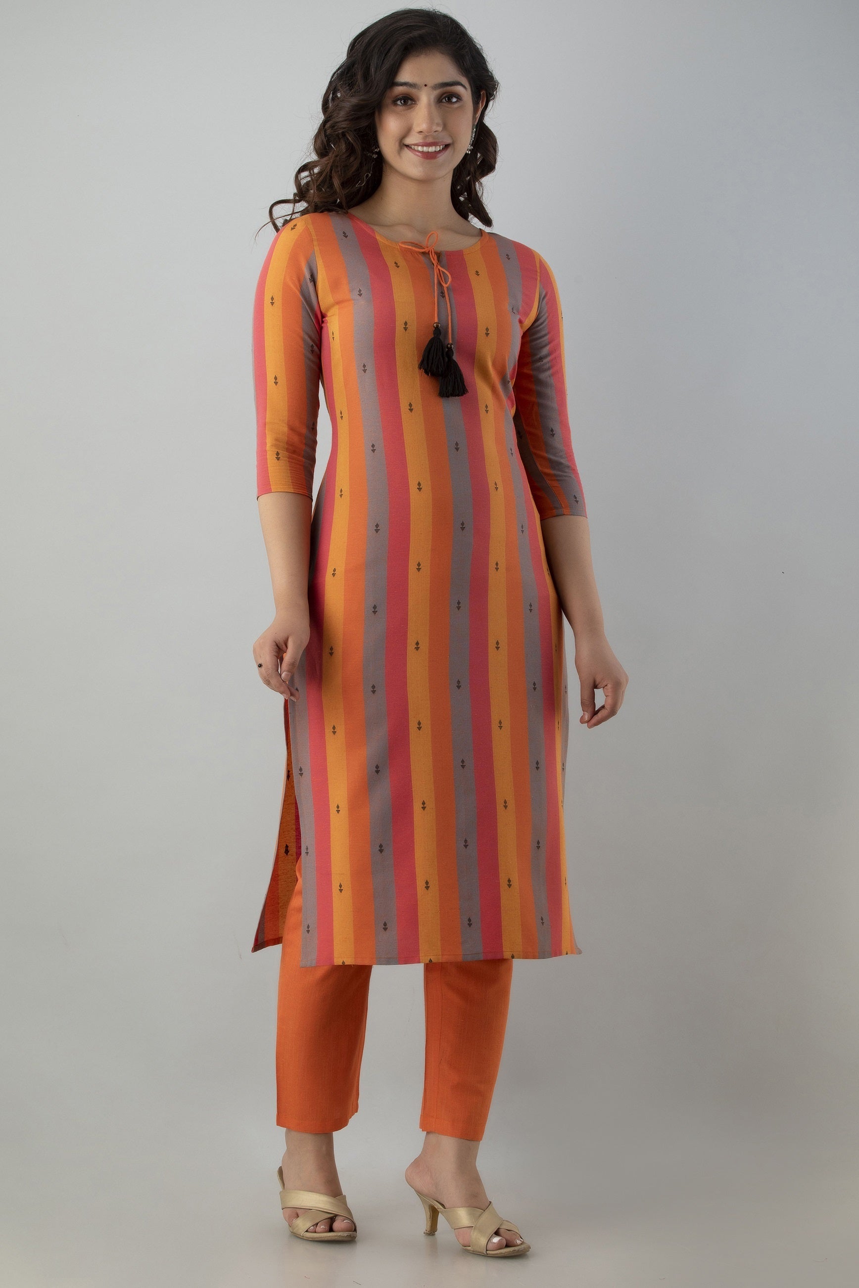 Women's Striped & Woven Cotton Blend Straight Kurta Pant & Dupatta Set (Orange)