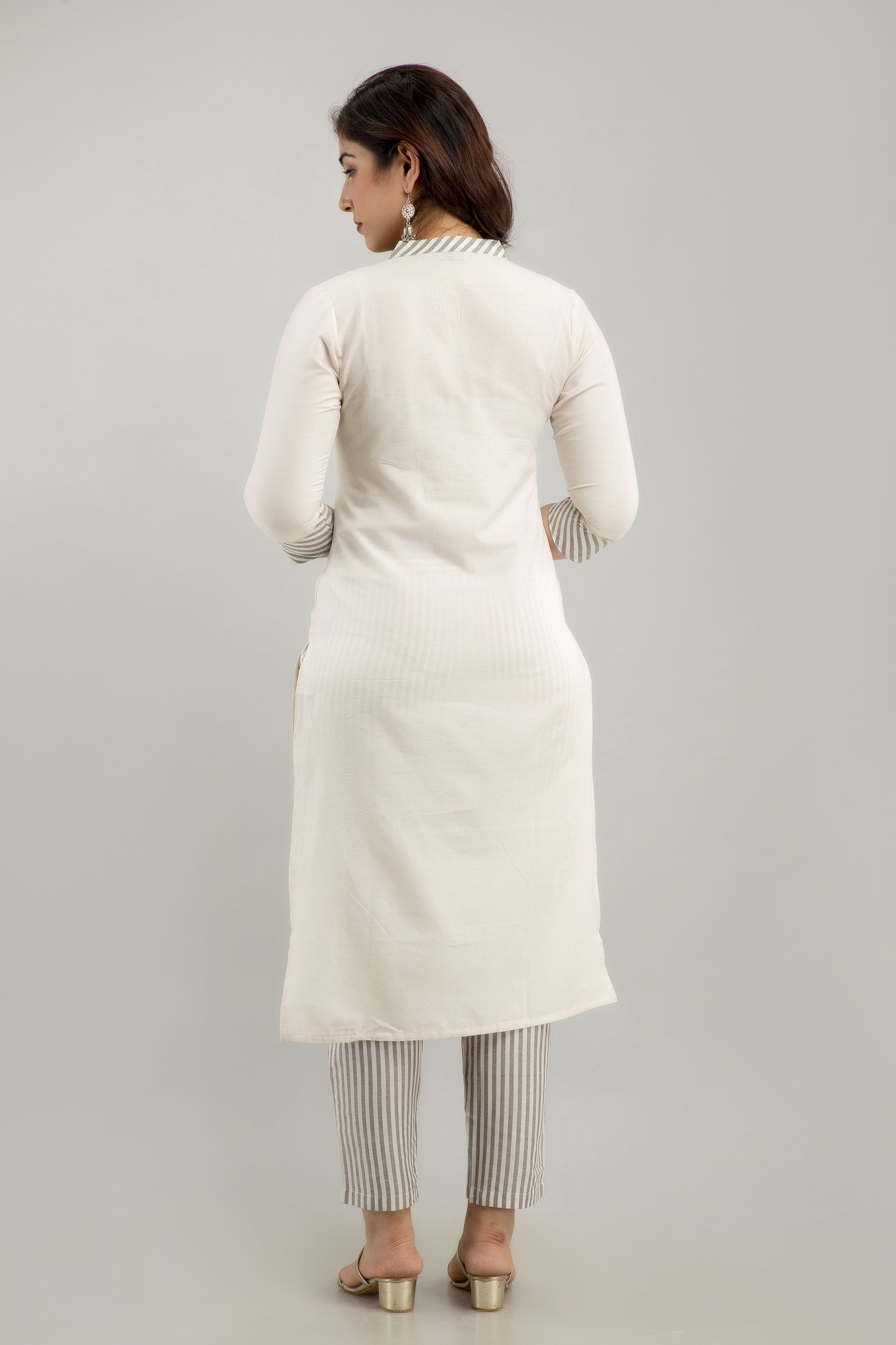 Women's Striped Cotton Blend Straight Kurta Pant Set (Off White) - Charu USA