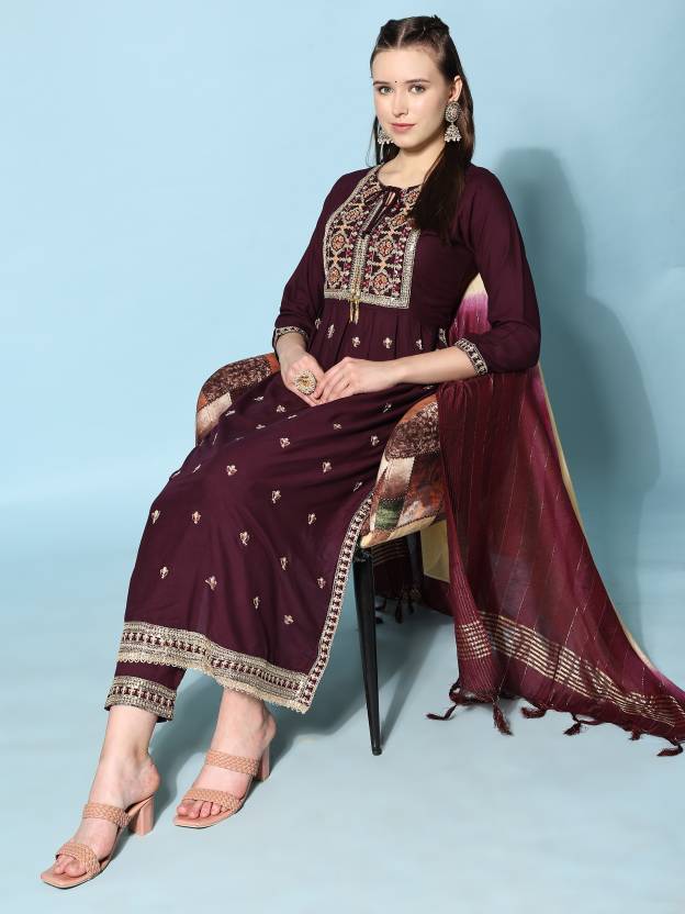 Women's Floral Embroidered Kurta With Trousers & Dupatta - Noz2Toz USA