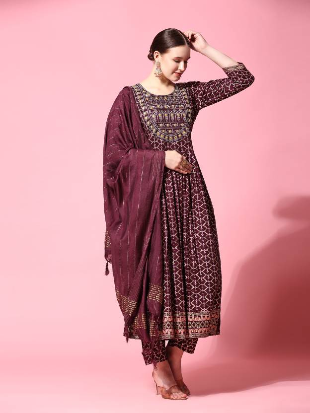 Women's Ethnic Motifs Printed Pleated Thread Work Kurta With Trousers & Dupatta