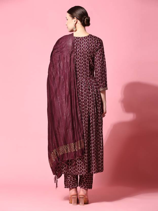 Women's Ethnic Motifs Printed Pleated Thread Work Kurta With Trousers & Dupatta