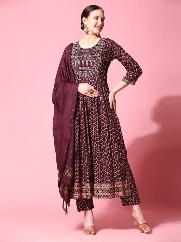 Women's Ethnic Motifs Printed Pleated Thread Work Kurta With Trousers & Dupatta