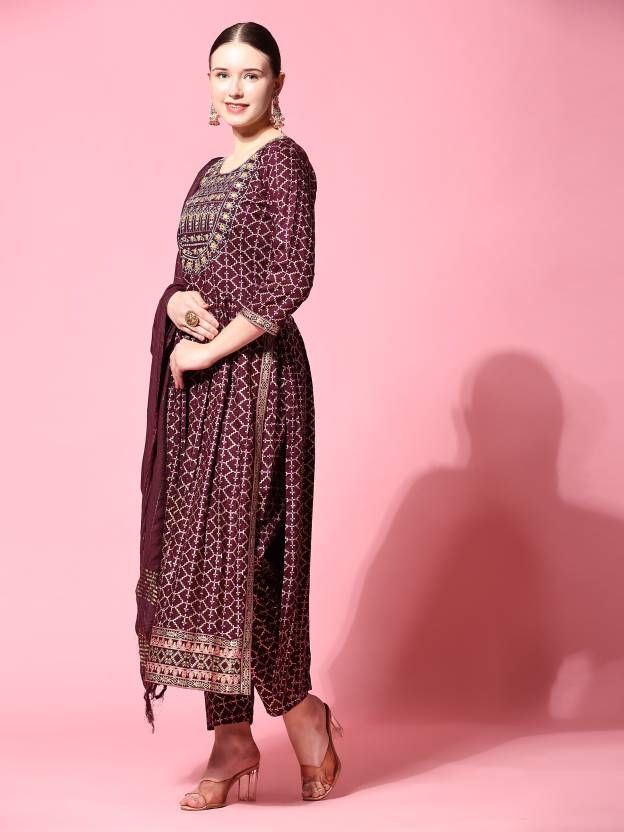 Women's Ethnic Motifs Printed Pleated Thread Work Kurta With Trousers & Dupatta