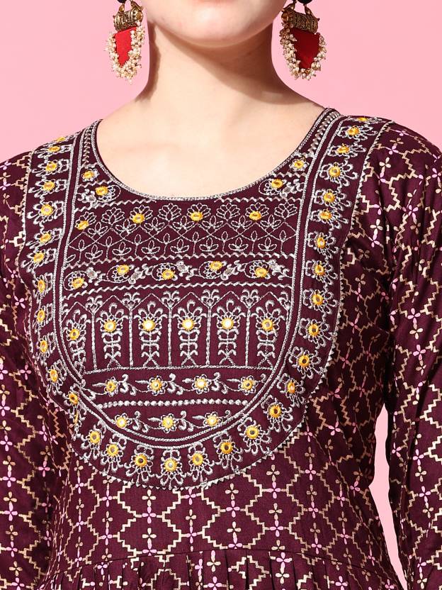 Women's Ethnic Motifs Printed Pleated Thread Work Kurta With Trousers & Dupatta