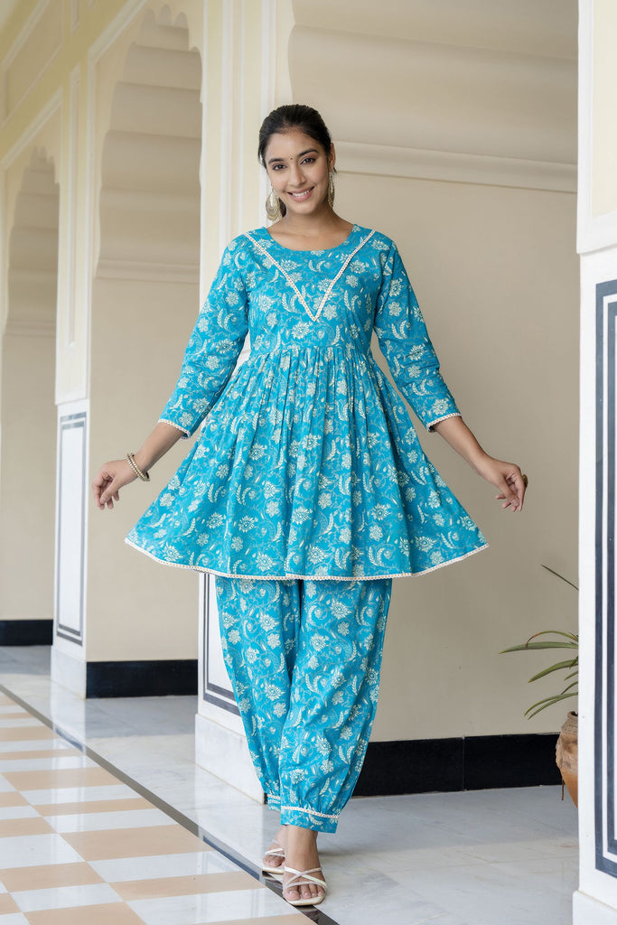 Women's Blue Rayon Printed Kurti Set