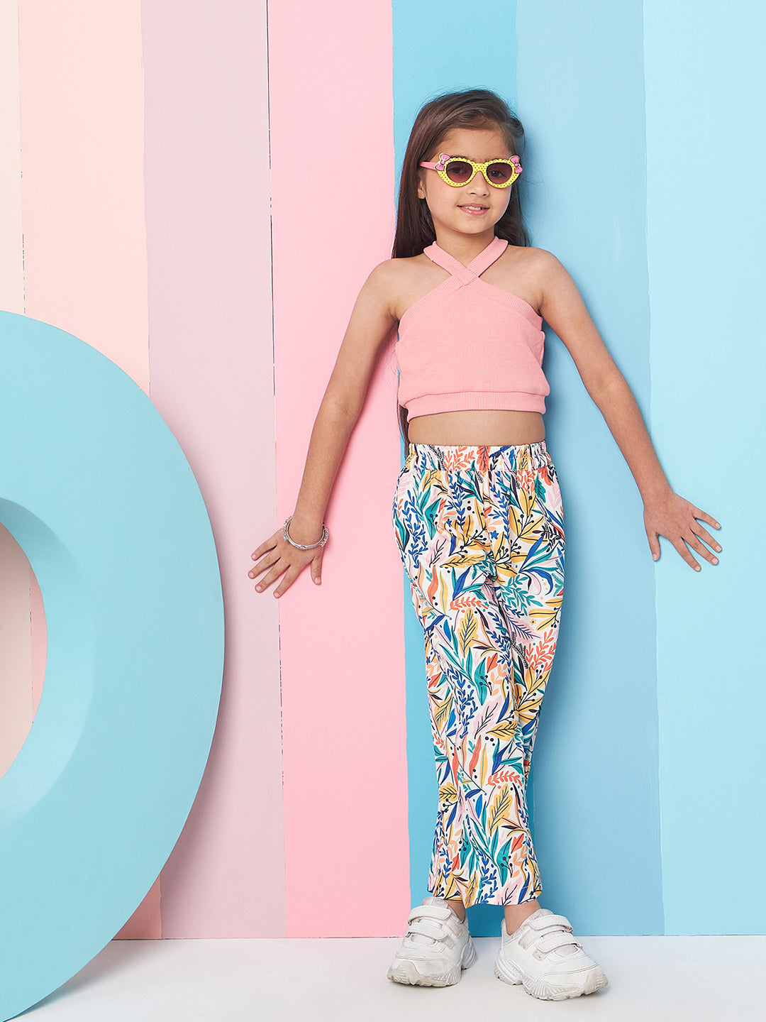 Girls Sleeveless Top With Tropical Printed Trouser - PS Peaches
