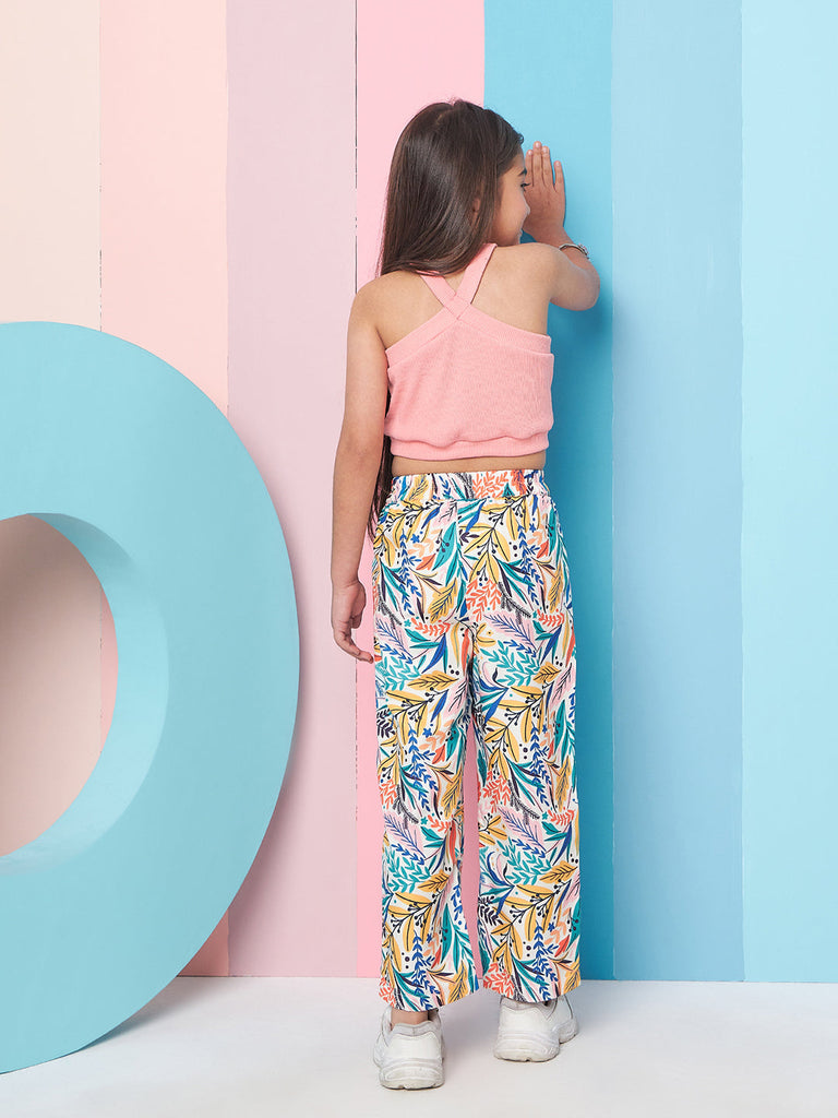 Girls Sleeveless Top With Tropical Printed Trouser