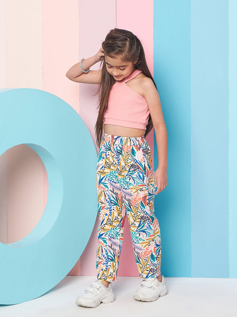 Girls Sleeveless Top With Tropical Printed Trouser