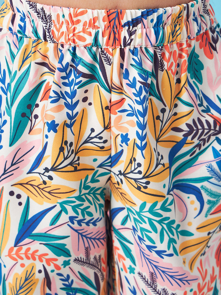 Girls Sleeveless Top With Tropical Printed Trouser