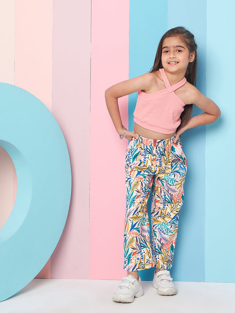 Girls Sleeveless Top With Tropical Printed Trouser