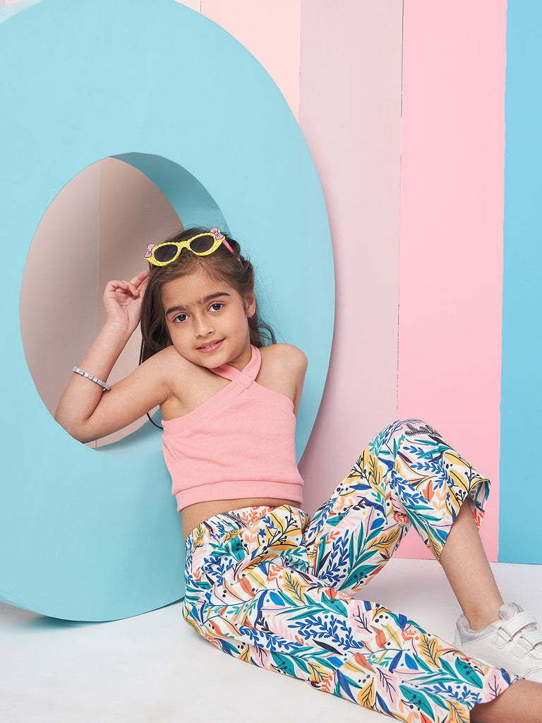 Girls Sleeveless Top With Tropical Printed Trouser