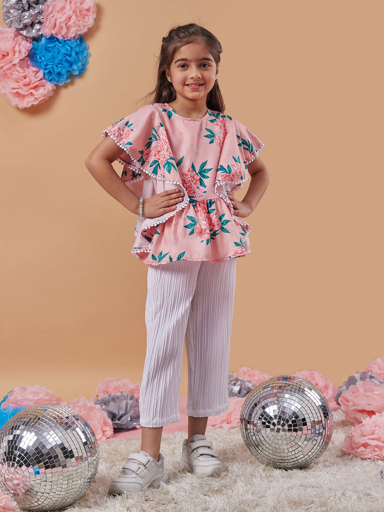 Girls Floral Printed Kimono Sleeve Top With Trousers