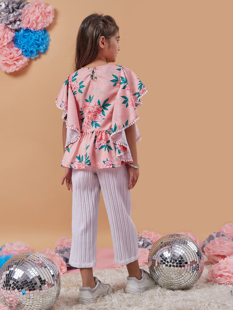 Girls Floral Printed Kimono Sleeve Top With Trousers