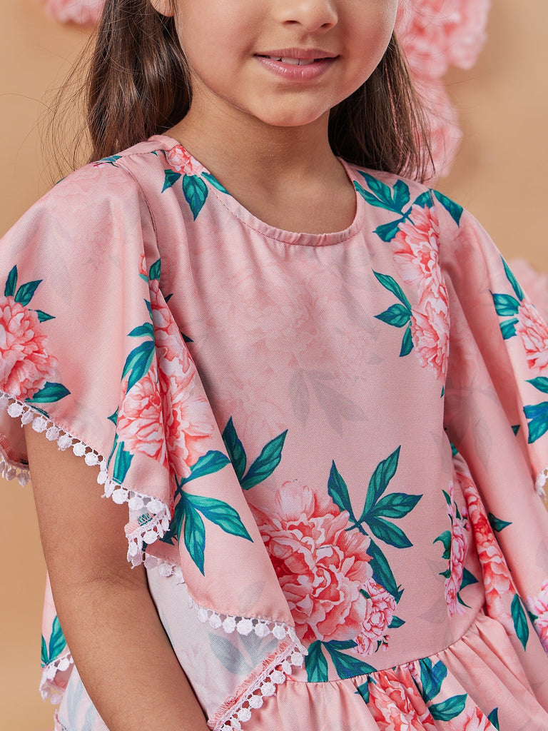Girls Floral Printed Kimono Sleeve Top With Trousers