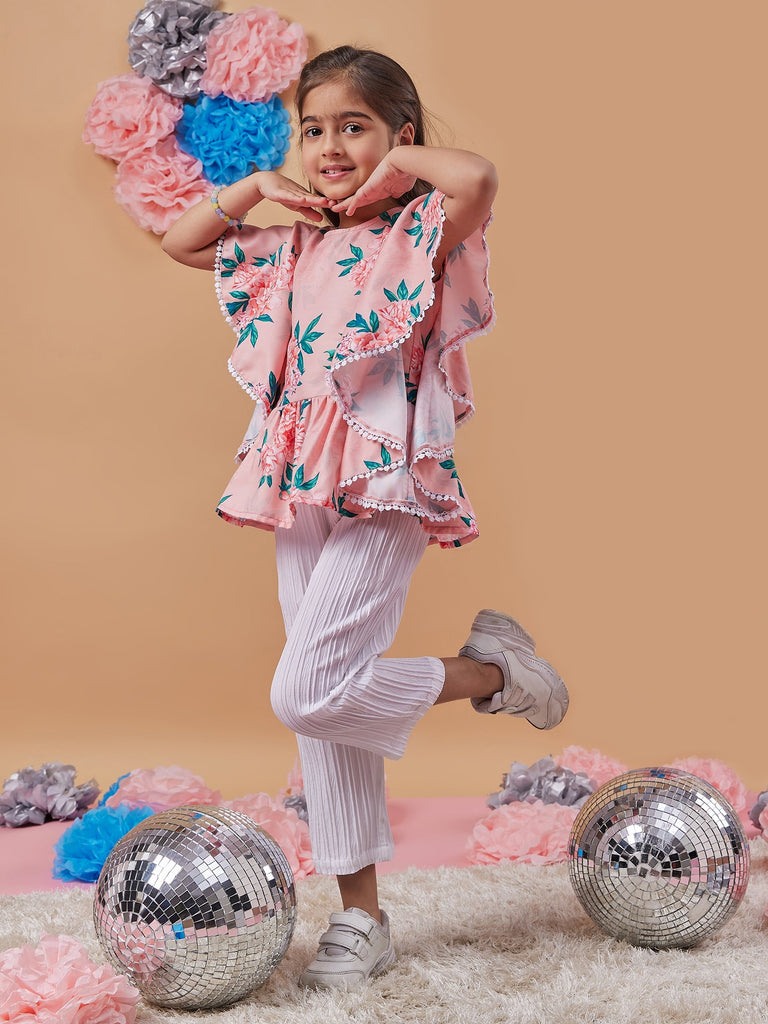 Girls Floral Printed Kimono Sleeve Top With Trousers