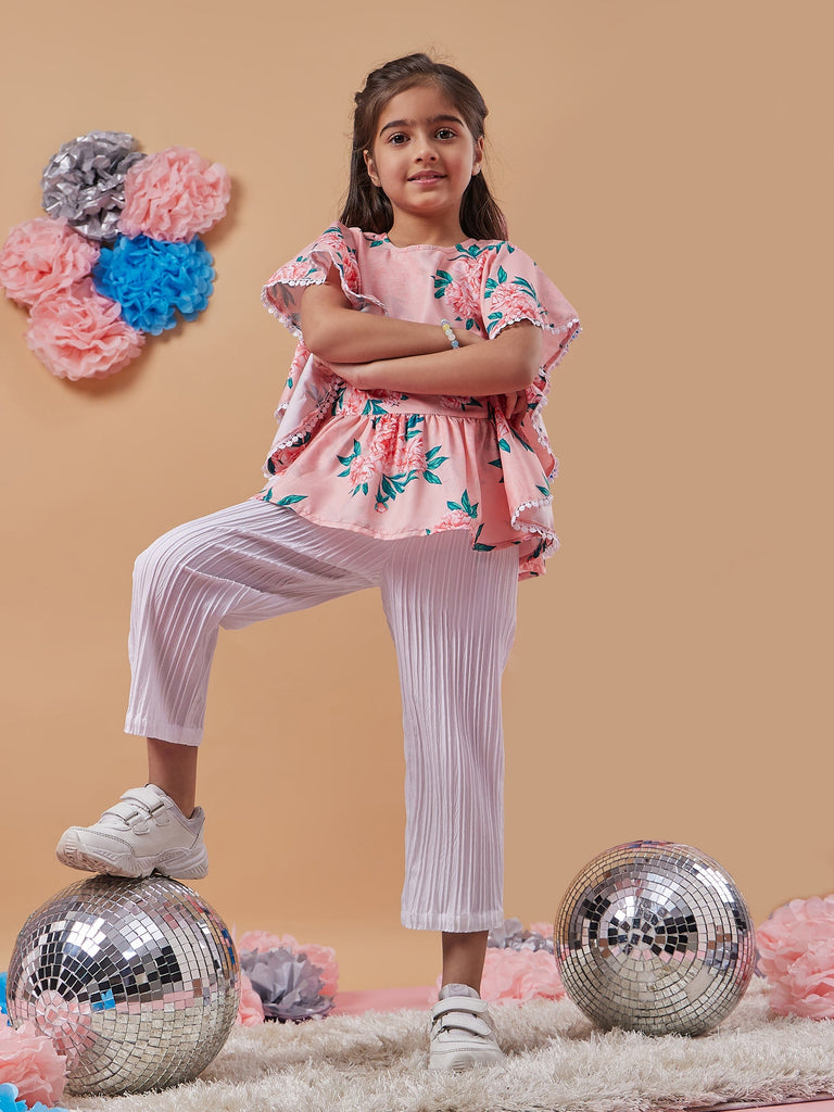 Girls Floral Printed Kimono Sleeve Top With Trousers