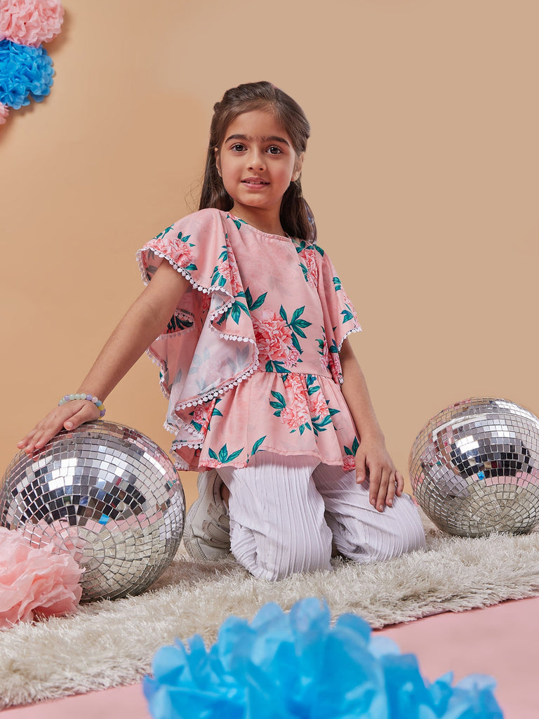 Girls Floral Printed Kimono Sleeve Top With Trousers