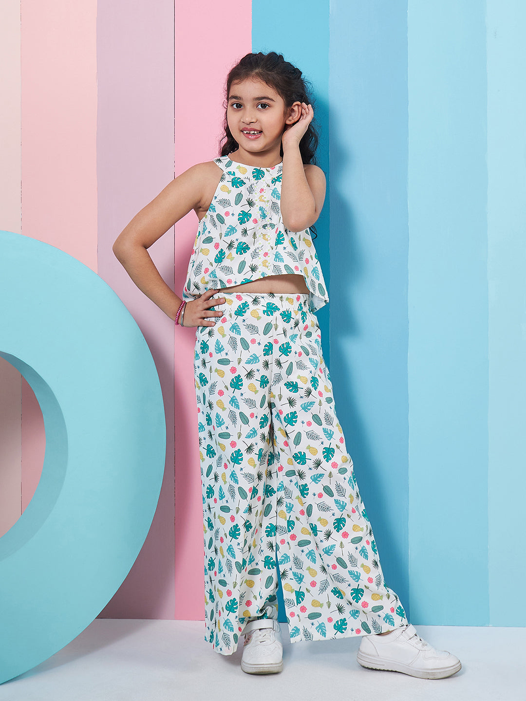 Girls Floral Printed Crop Top With Trousers - PS Peaches