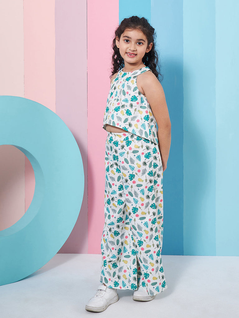 Girls Floral Printed Crop Top With Trousers