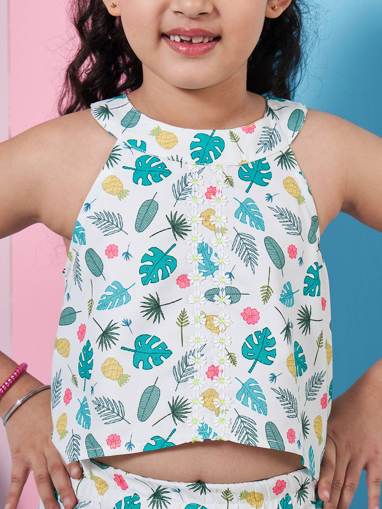 Girls Floral Printed Crop Top With Trousers
