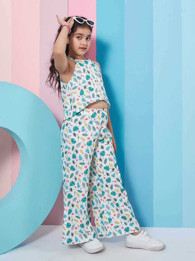 Girls Floral Printed Crop Top With Trousers