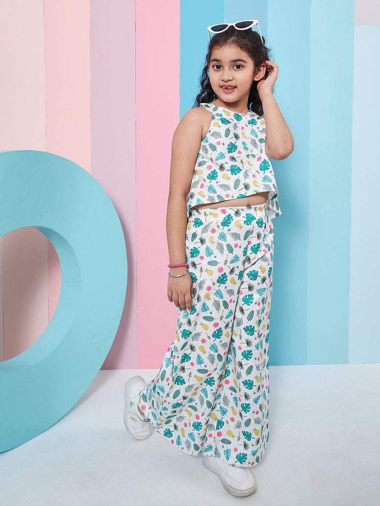 Girls Floral Printed Crop Top With Trousers