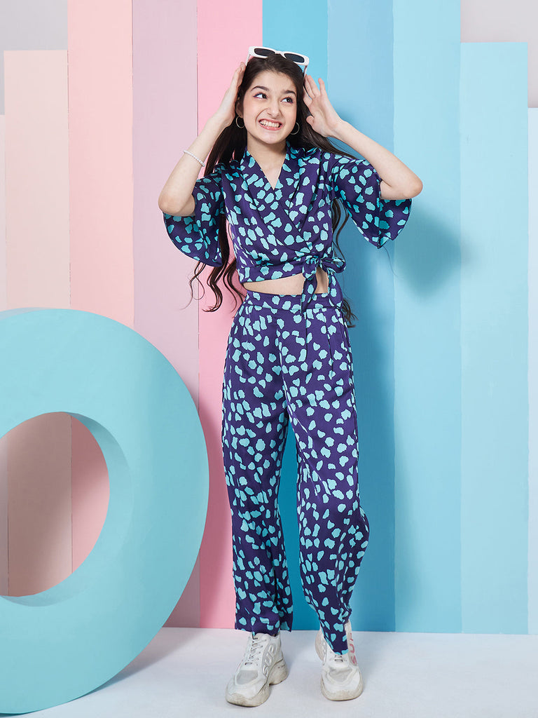 Girls Abstract Printed Crop Top With Trousers