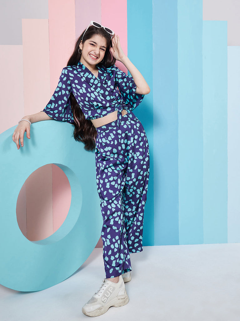 Girls Abstract Printed Crop Top With Trousers