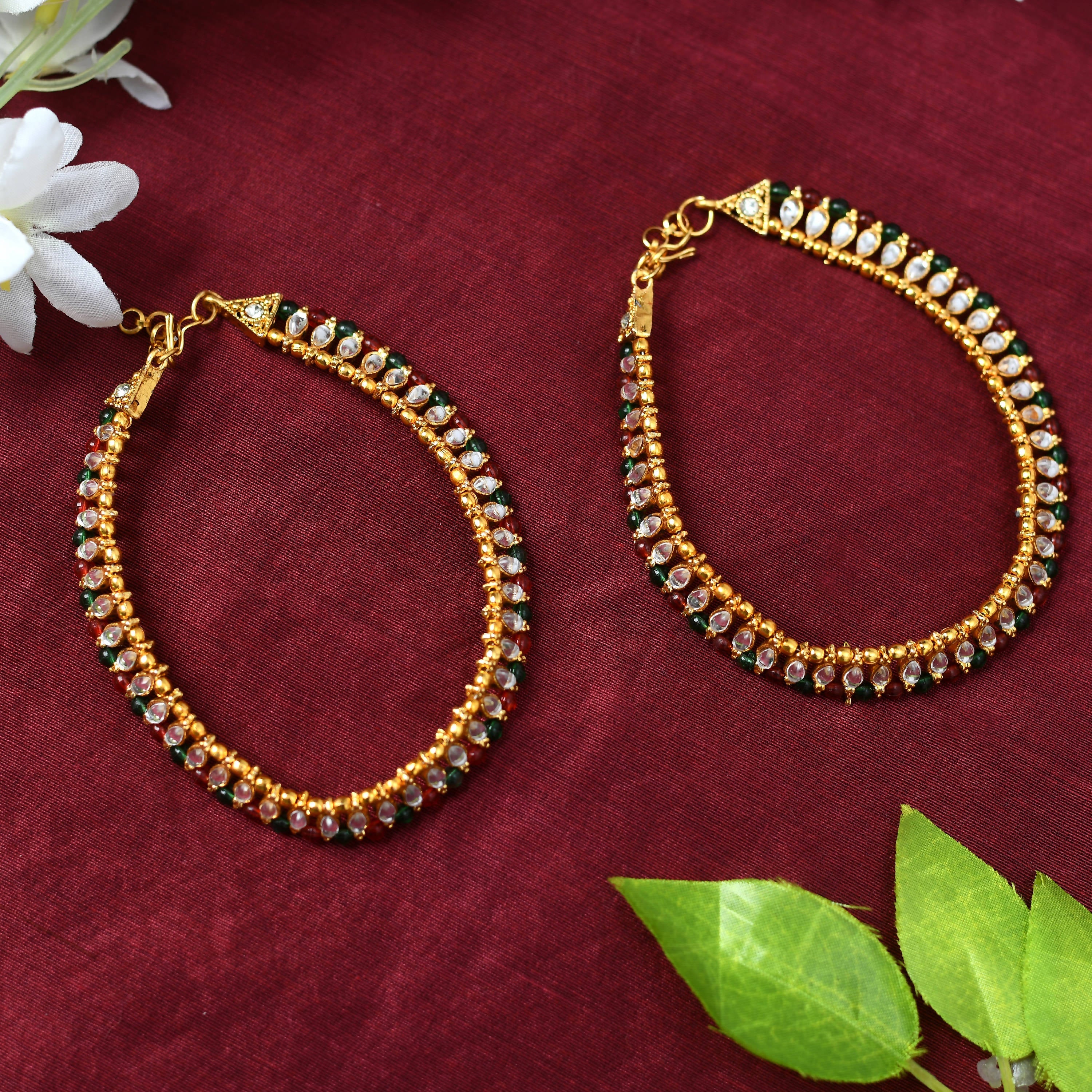 Johar Kamal Gold-Toned Kundan & Pearls Anklets for Women and Gir