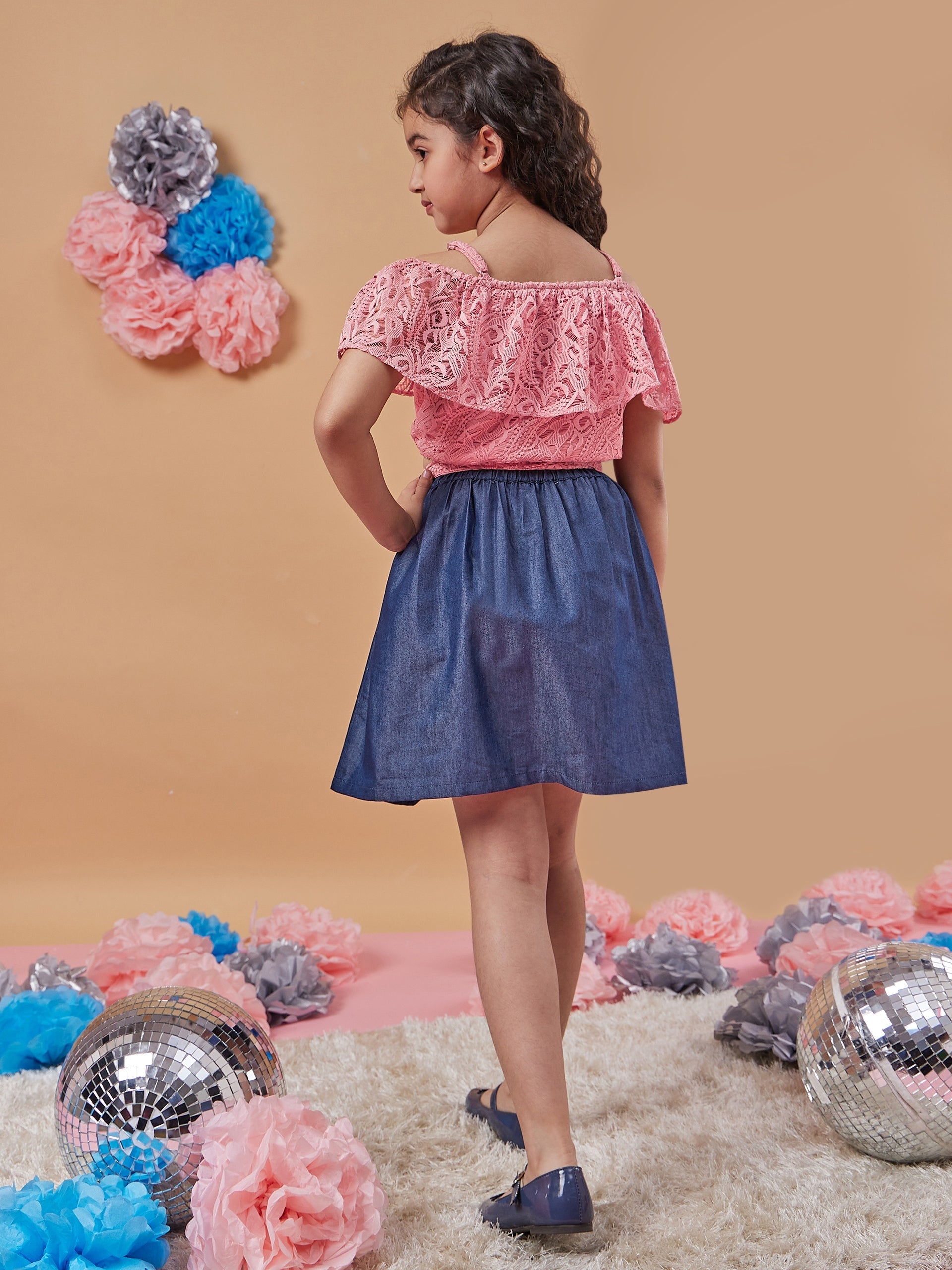 Girls Self Design Off-Shoulder Blousan Top With Skirt - PS Peaches