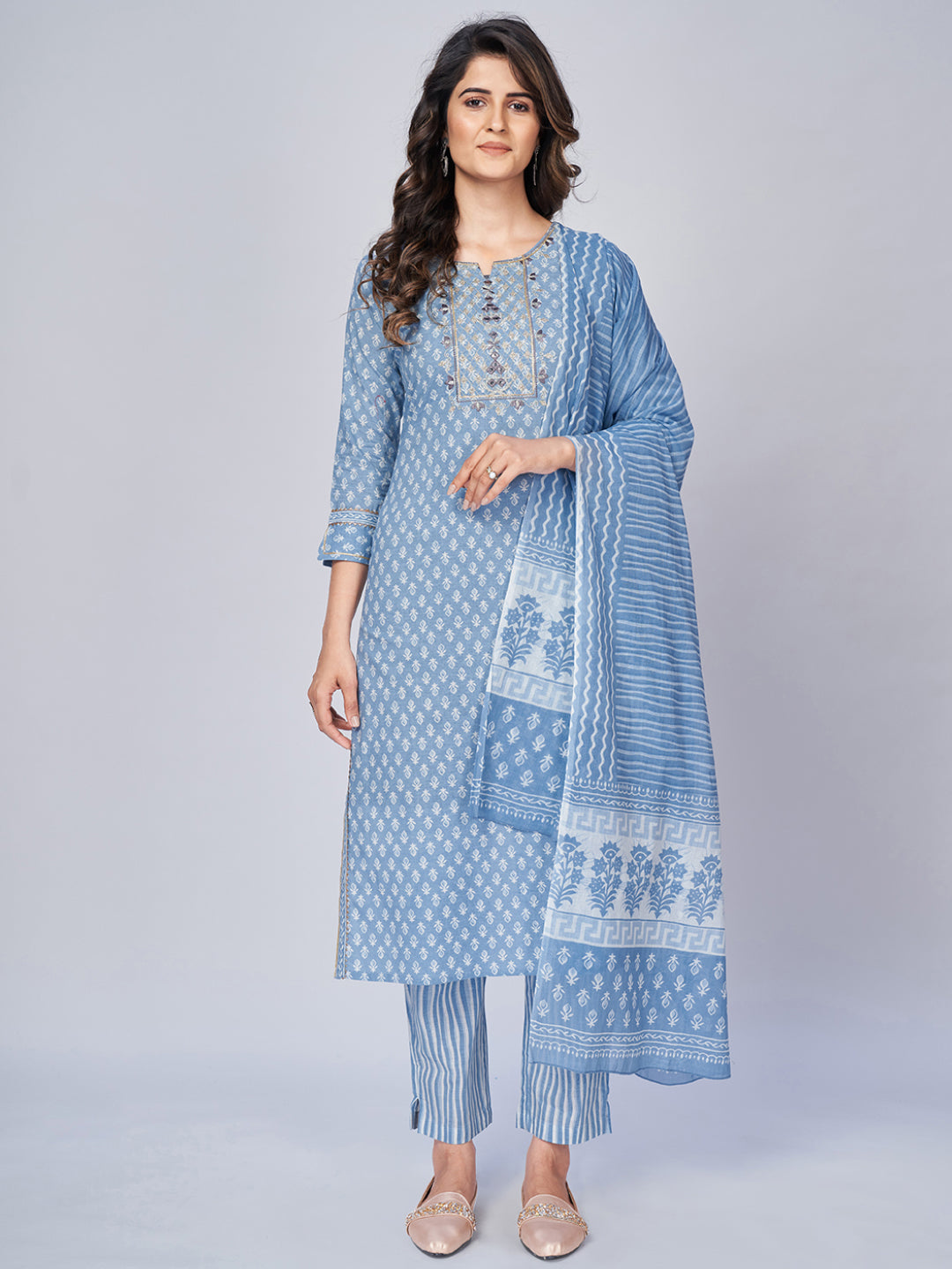 Women's Printed & Embroidered Straight Cotton Sky Blue Kurta Pant With Dupatta (3Pcs Set)