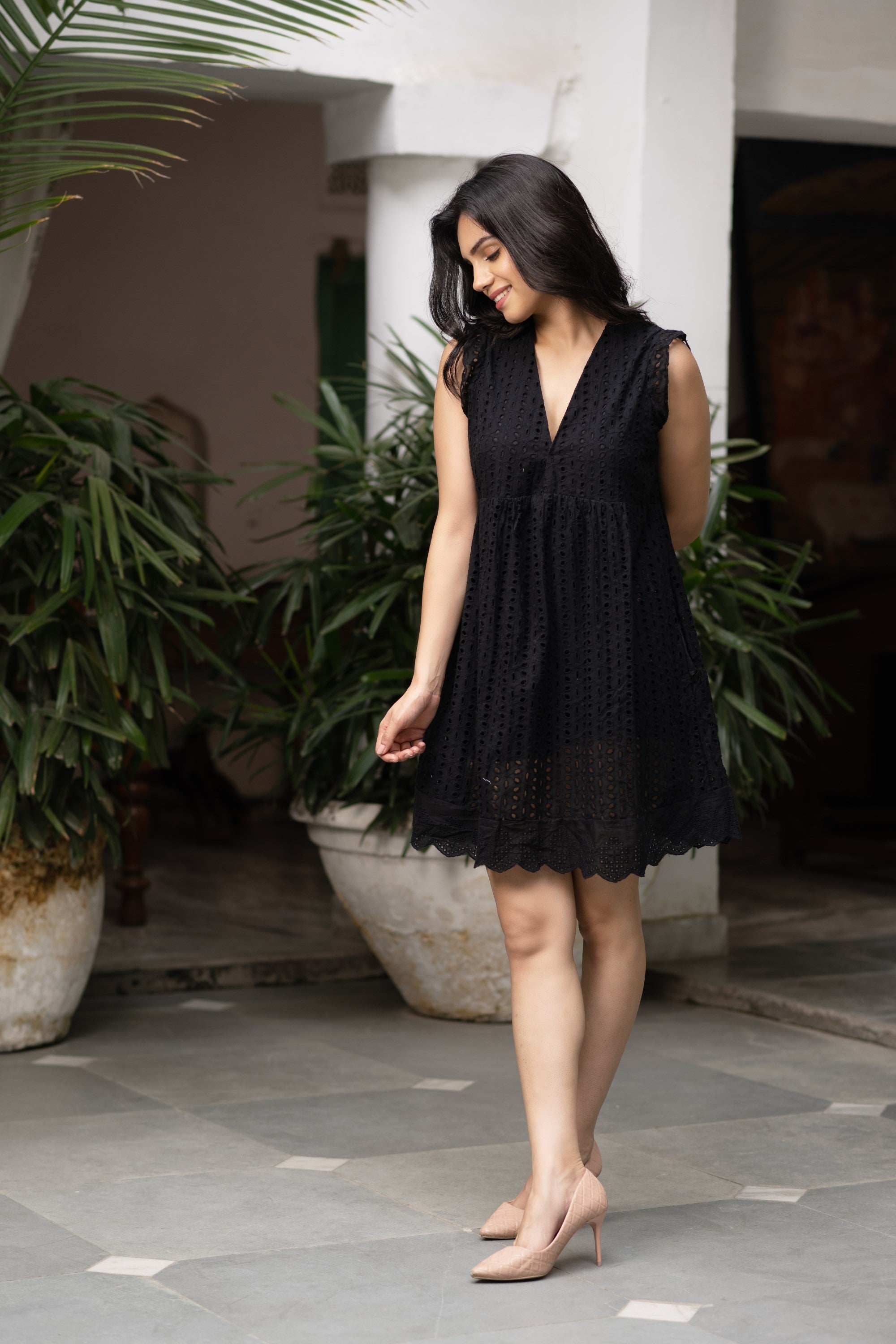 Women’s Black Eyelet Short Dress - Black Beads