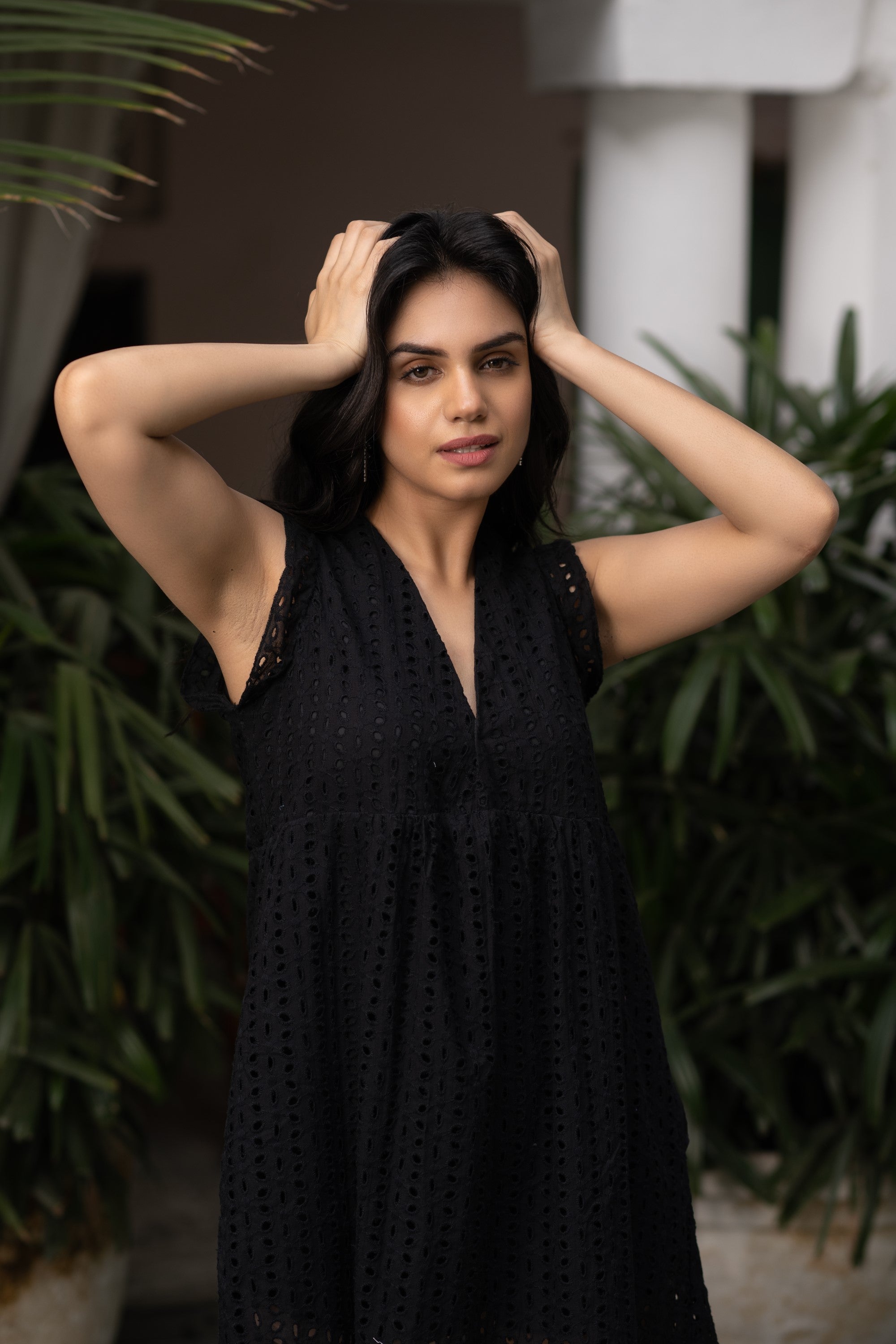 Women’s Black Eyelet Short Dress - Black Beads
