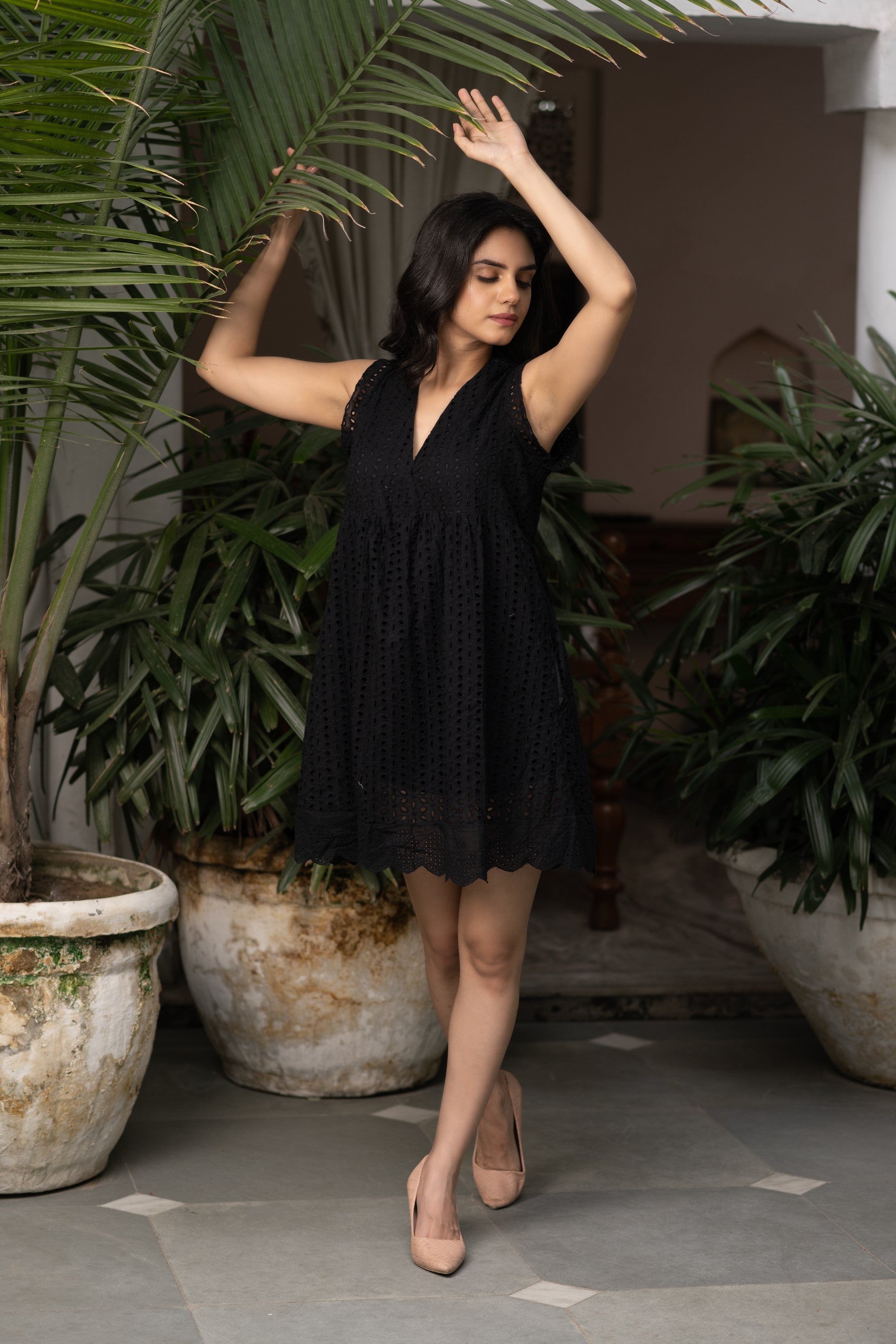 Women’s Black Eyelet Short Dress - Black Beads