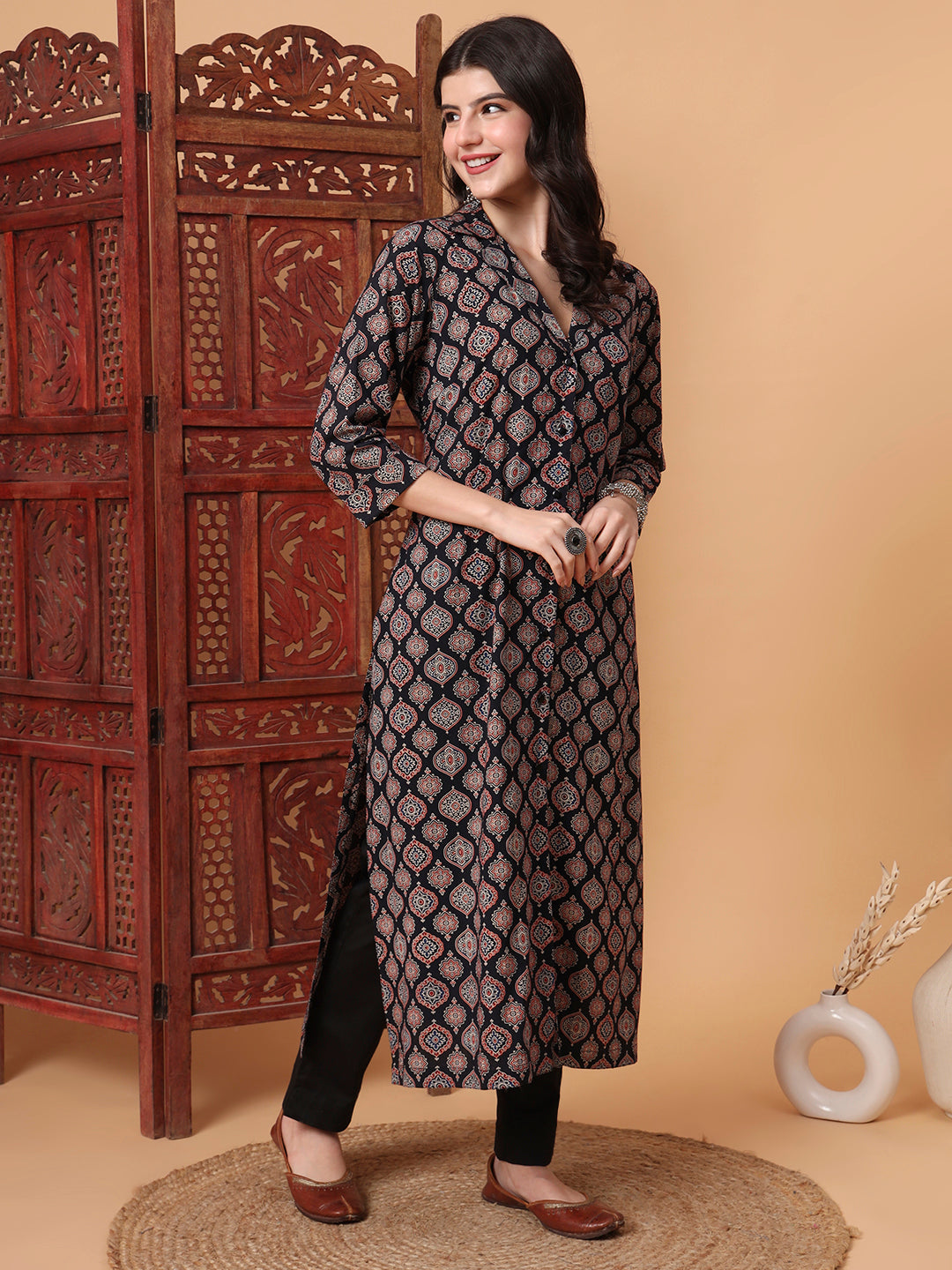 Women's Hand Block Ajrak Print Black Kurta S2000
