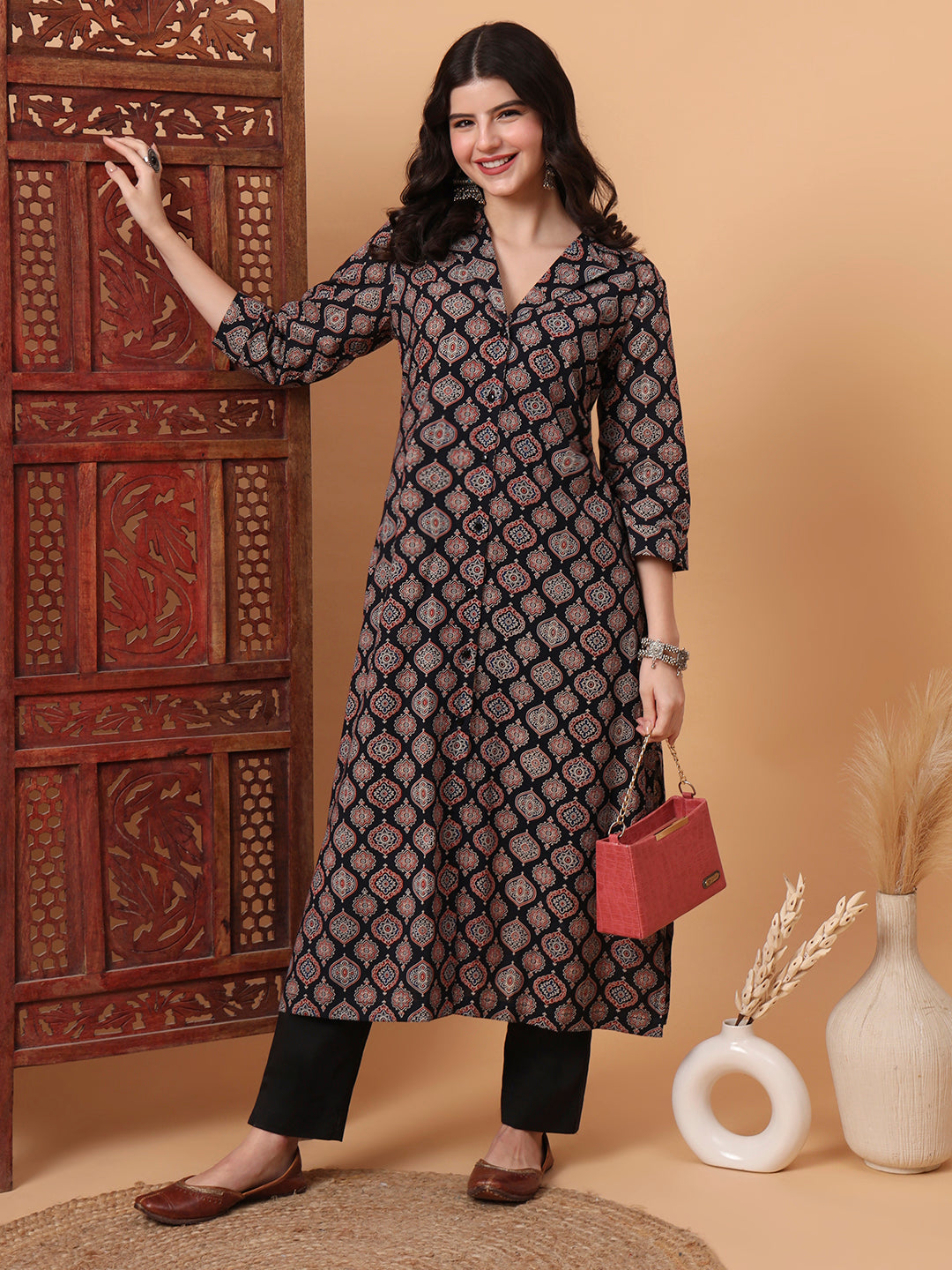 Women's Hand Block Ajrak Print Black Kurta S2000