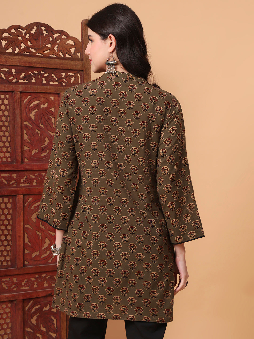 Women's Hand Block Bottle Green Kurti S2003