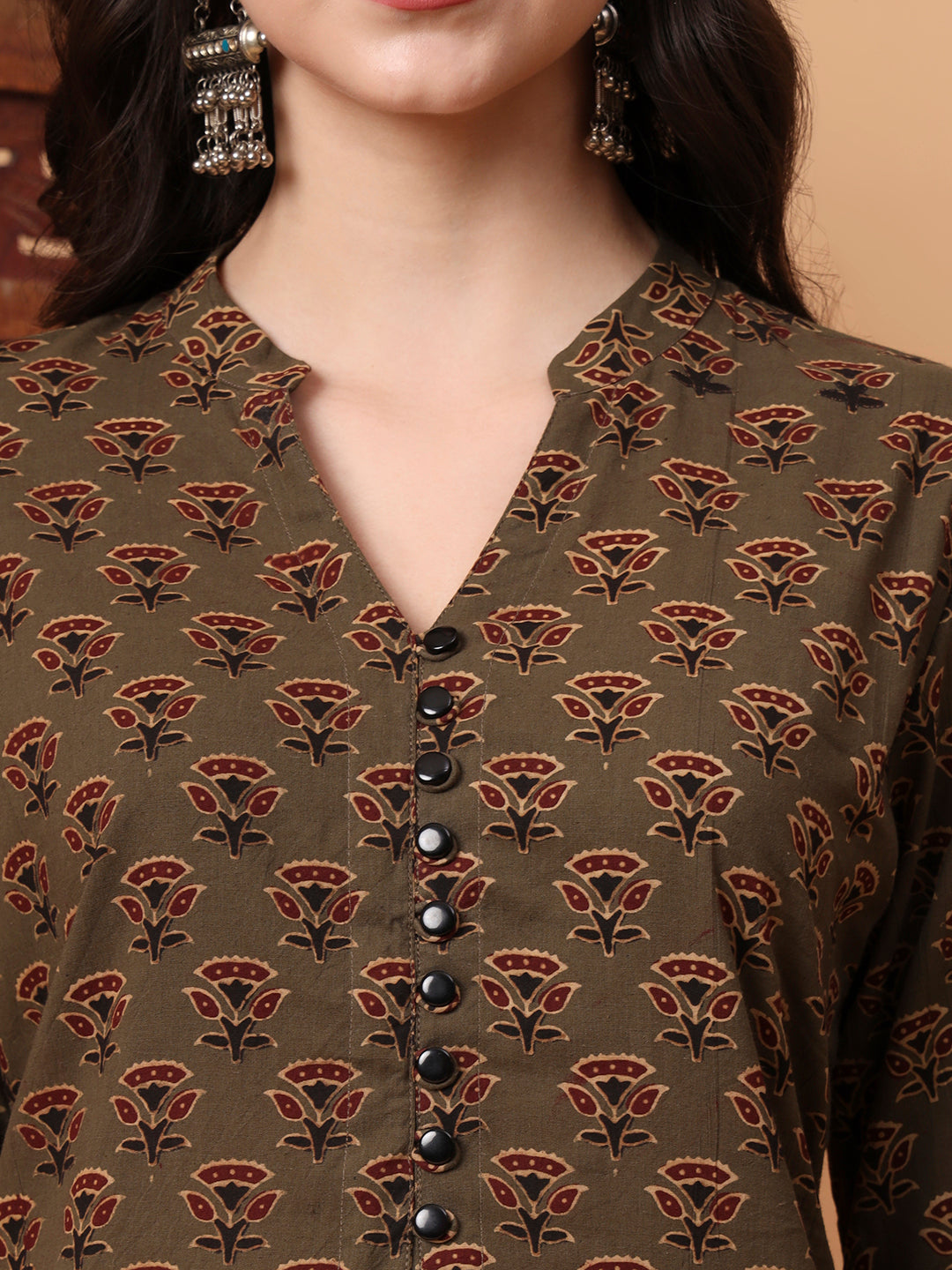 Women's Hand Block Bottle Green Kurti S2003